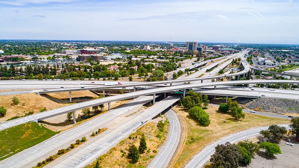 Arial view of Interstate 5 and Highway 4 interchange