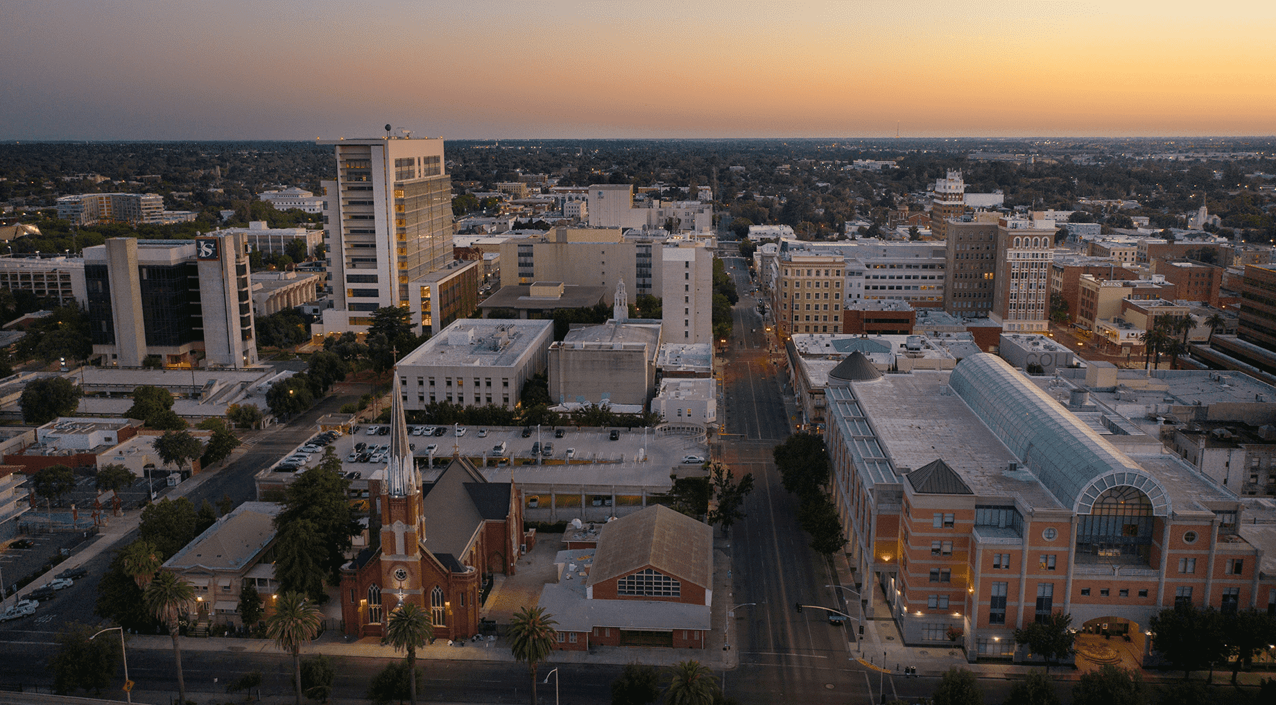 Birds-eye view of city at dusk