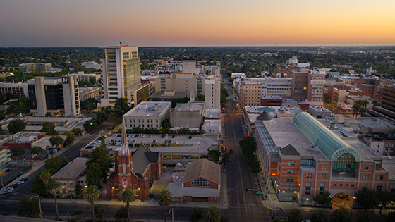 Arial view of downtown Stockton at sunset