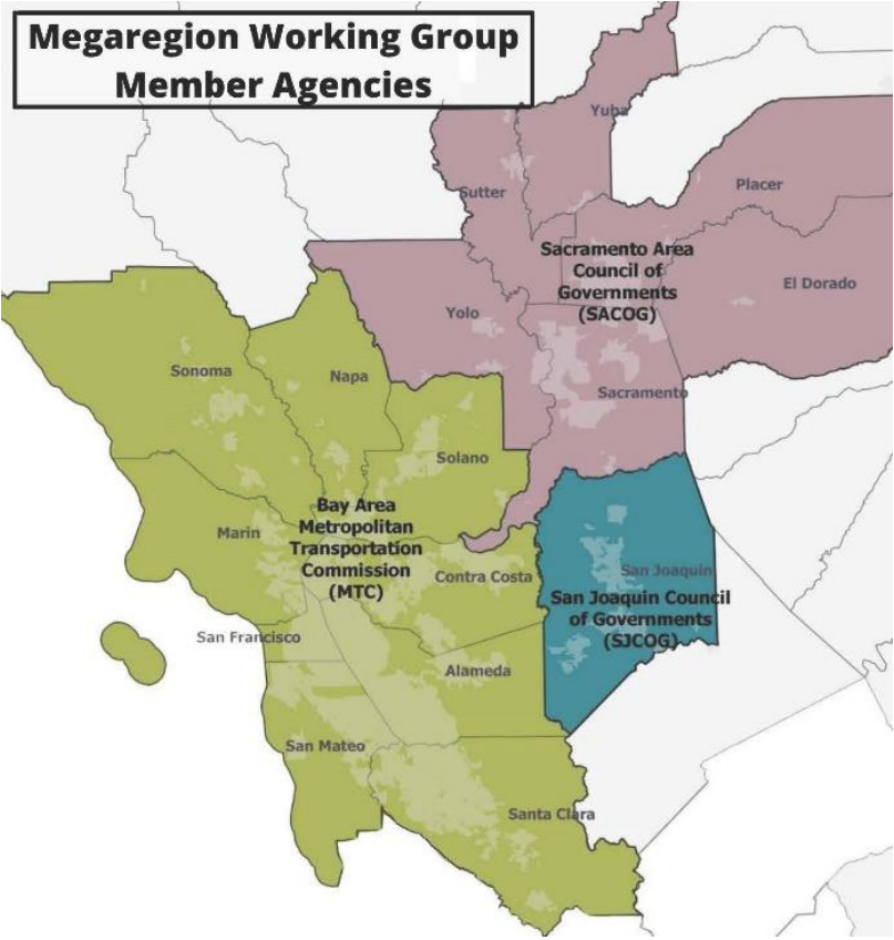Map of Megaregion Working Group Member Agencies (Sacramento Area Council of Governments, Bay Area Metropolitan Transportation Commission, and San Joaquin Council of Governments)